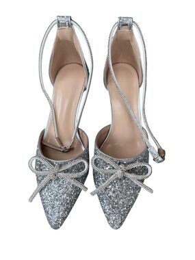 SHEIN Silver Glitter Pointed-Toe Ankle-Strap Heels with Bow